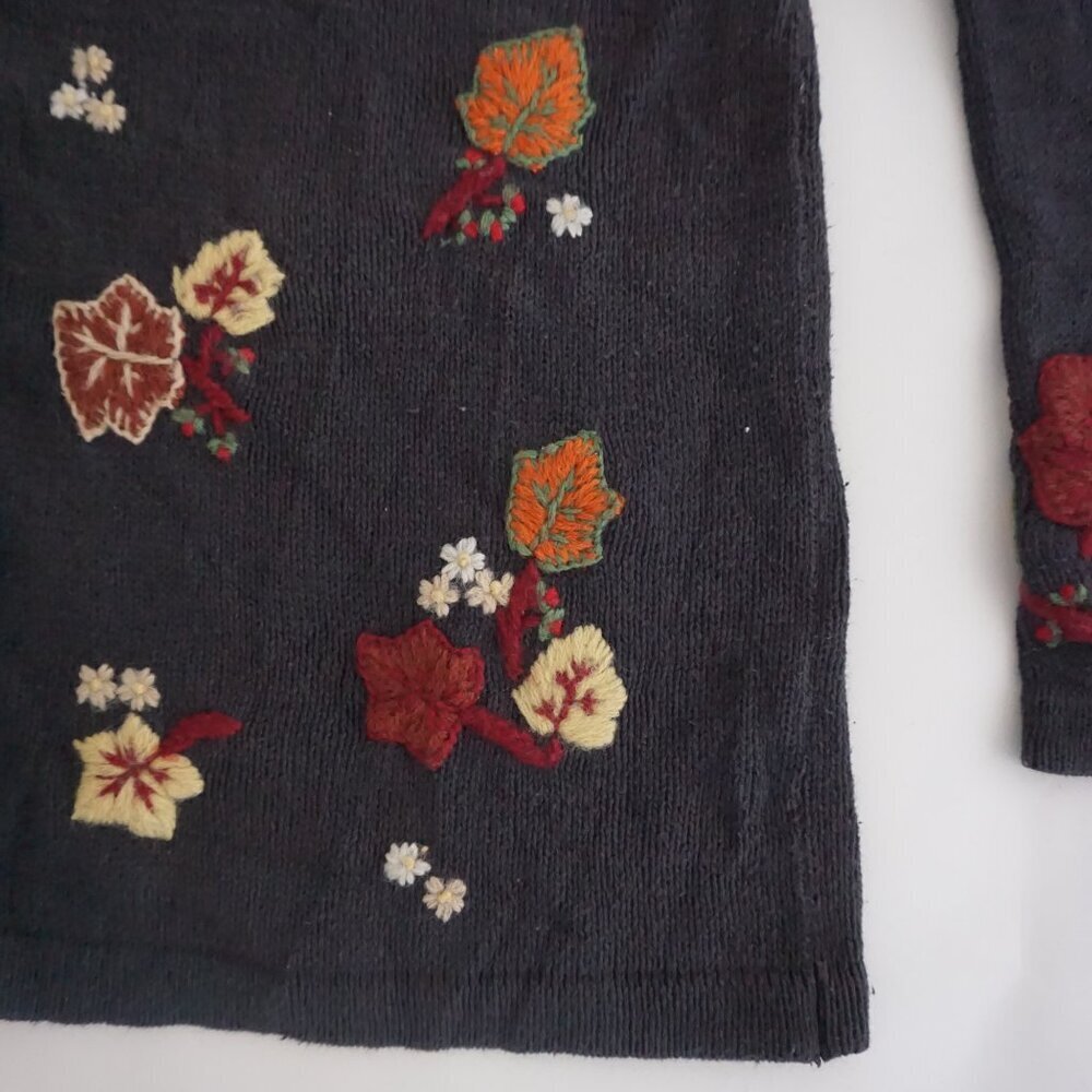 Vntage Bobbie Brooks Charcoal Floral Embroidered Knit Cotton Cottage Cardigan L - Picture 5 of 11